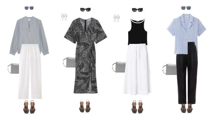 Fyra minimalistiska outfits med varierande volymer och tydliga proportioner
