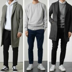 Tre vardagsoutfits i dämpade gröna, grå och svarta nyanser
