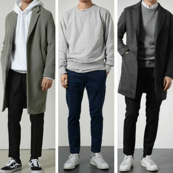 Tre vardagsoutfits i dämpade gröna, grå och svarta nyanser